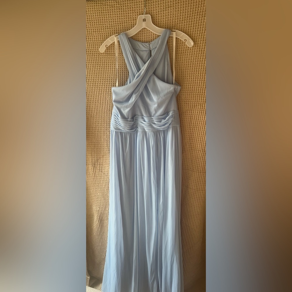 David's Bridal Ice Blue Criss Cross Bridesmaid Dress